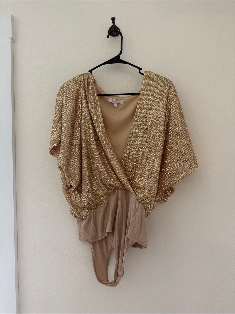 Wayf Gold Sequin V-Neck Draped Bodysuit Top